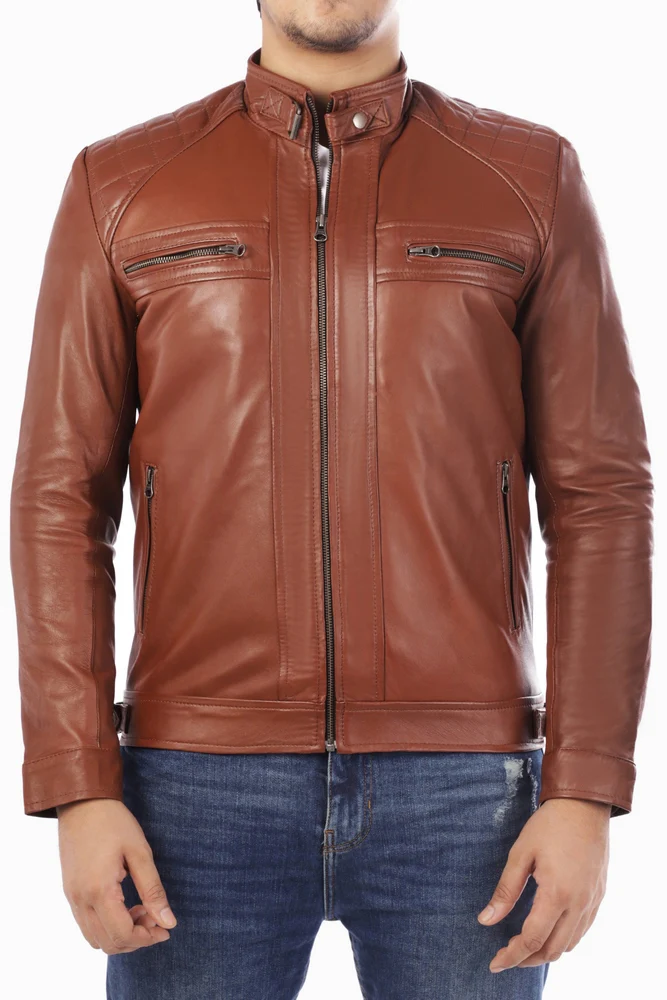 men's cognac leather jacket front detail zippers