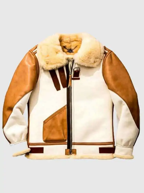 Studio cutout front view of Mens White Leather Cognac Brown Sleeves Shearling B3 Aviator Jacket