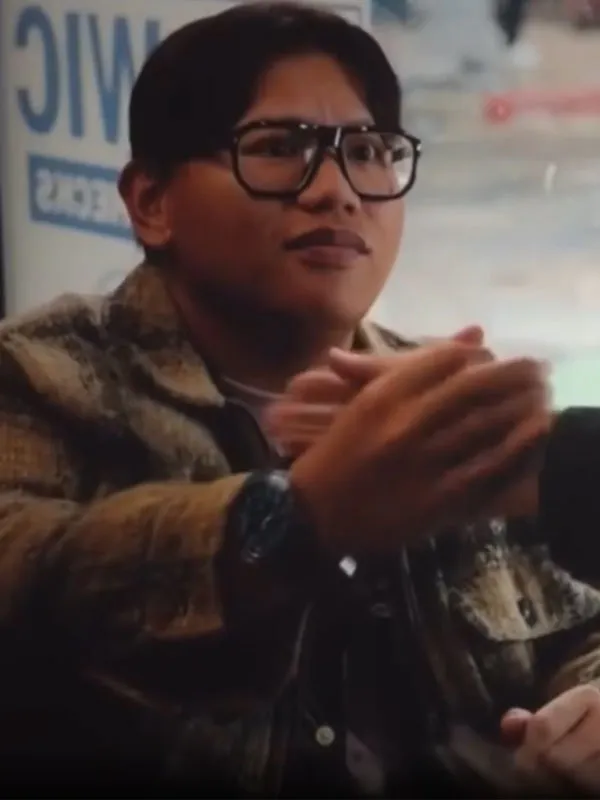 Jacob Batalon as Ned Leeds wearing Spider-Man Brand New Day Plaid Jacket front view. Spider-Man Brand New Day Ned Leeds Plaid Jacket