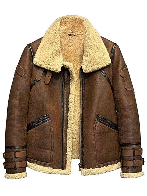 Studio front view of Mens Brown Shearling B3 Bomber Leather Jacket