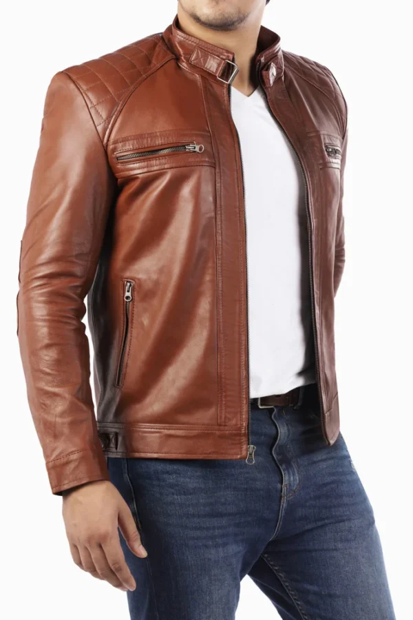 men's cognac leather jacket side profile view