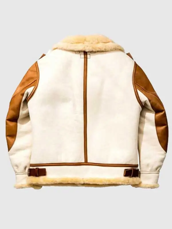Studio cutout back view of Mens White Leather Cognac Brown Sleeves Shearling B3 Aviator Jacket
