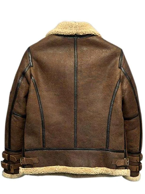 Studio back view of Mens Brown Shearling B3 Bomber Leather Jacket