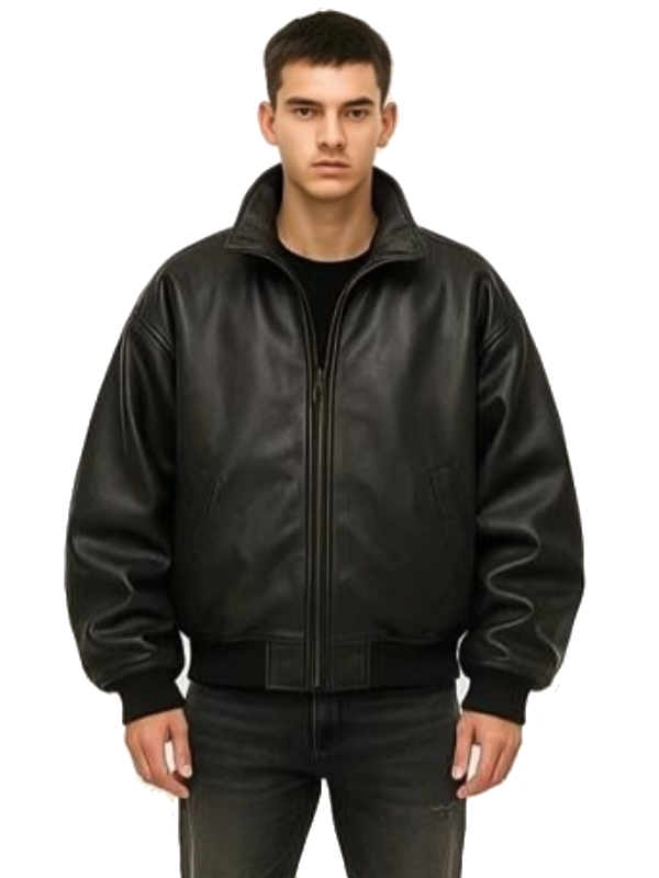 Model wearing Men Oversized Black Leather Bomber Jacket with stand collar