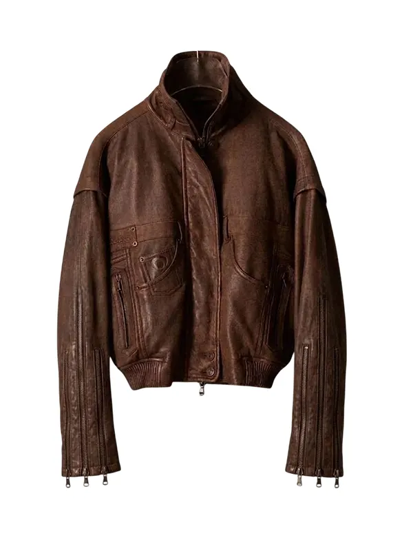 men's distressed brown leather bomber front view flat lay