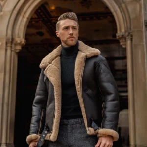 Full front view of model wearing Mens Dark Brown B3 Shearling Leather Aviator Jacket