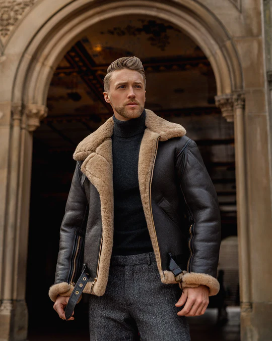 Full front view of model wearing Mens Dark Brown B3 Shearling Leather Aviator Jacket