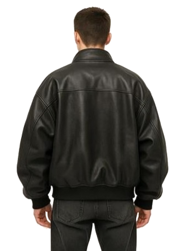 Back view of model wearing Men Oversized Black Leather Bomber Jacket showing back yoke