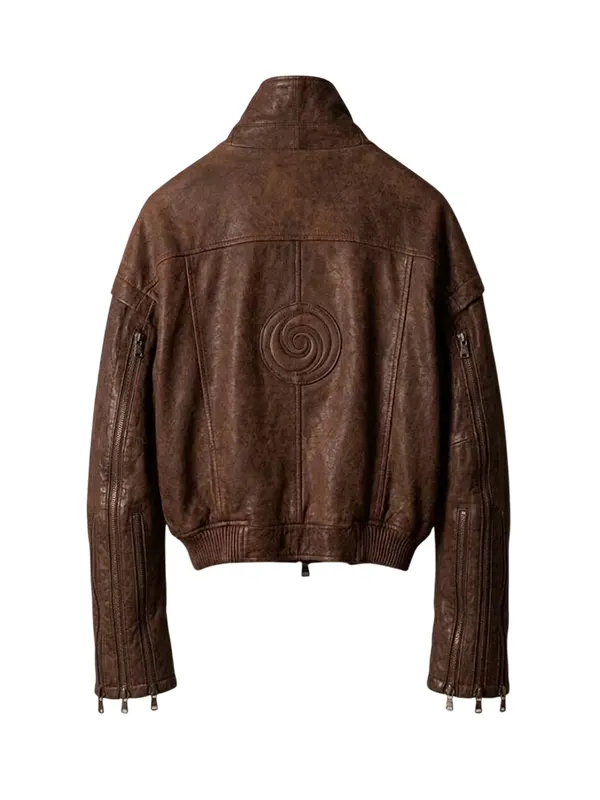 men's distressed brown leather bomber back view spiral