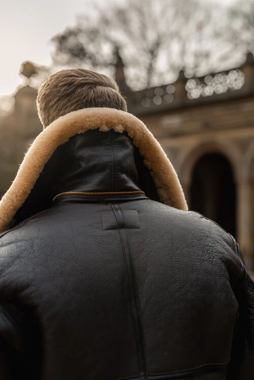 Rear view of Mens Dark Brown B3 Shearling Leather Aviator Jacket collar and back