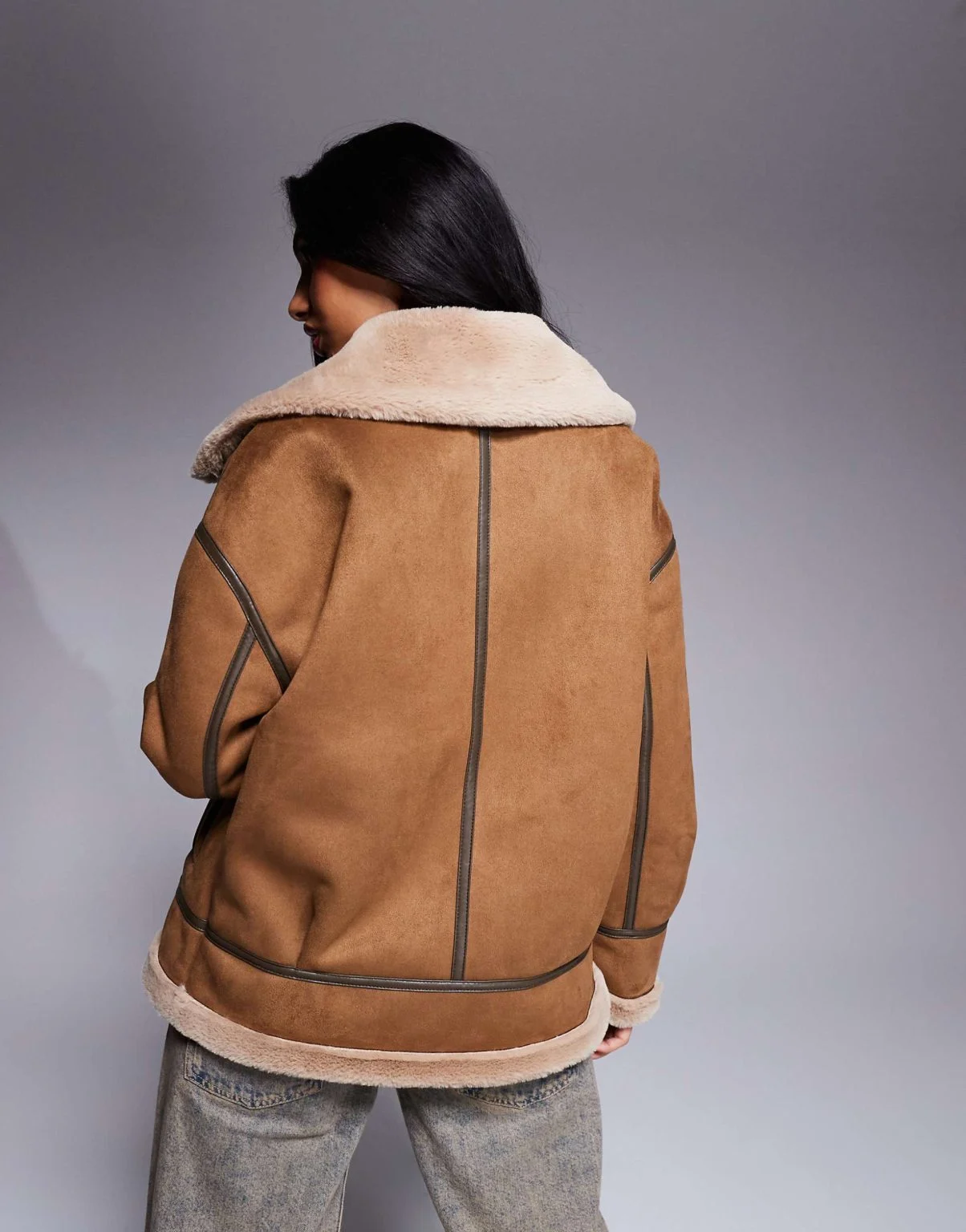 Model back view of Womens Chestnut Suede Beige Shearling Oversized Aviator Jacket