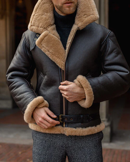 Mens Dark Brown B3 Shearling Leather Aviator Jacket - Image 2