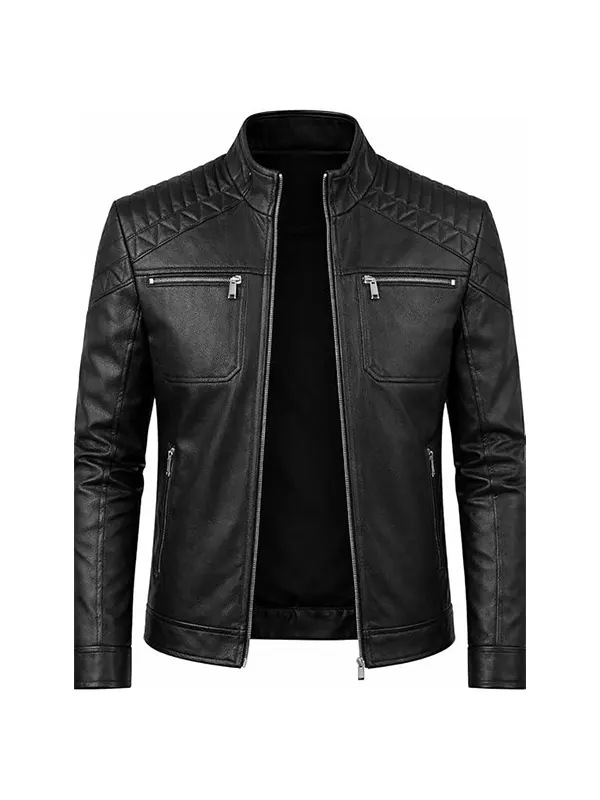 Men Black Quilted Shoulder Leather Jacket front view showing diamond quilted shoulders and chest zip pockets