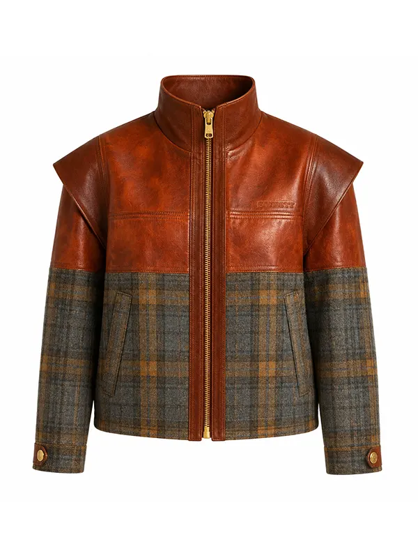 men's leather tweed jacket front view plaid