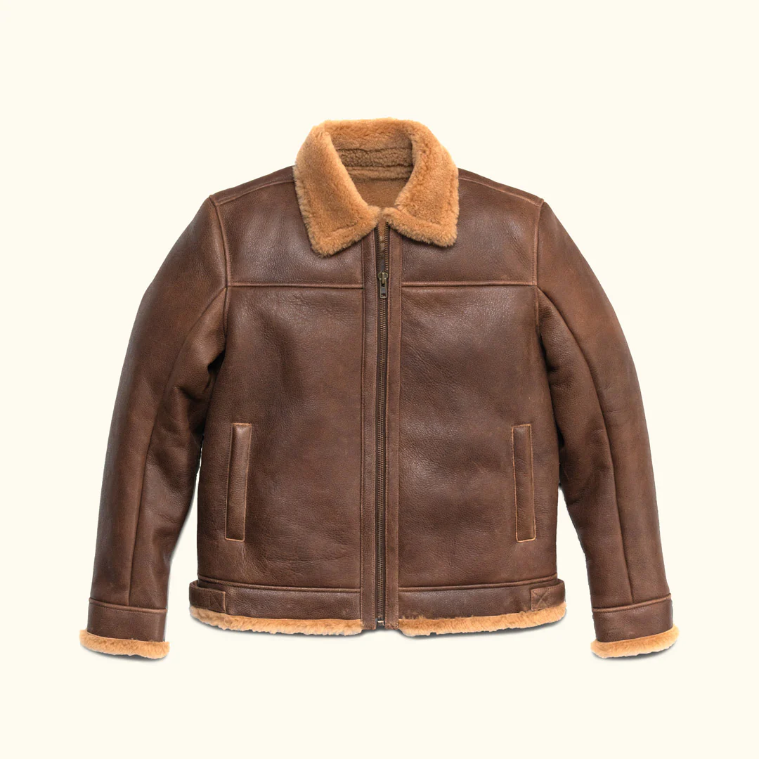 Studio cutout front view of Mens Brown Leather Ginger Shearling Aviator Jacket