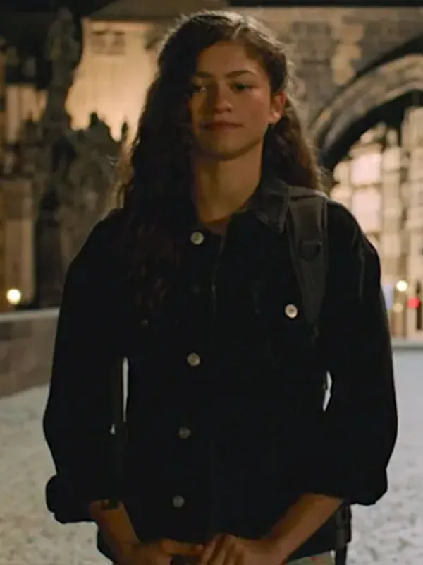 Zendaya wearing Spider-Man Brand New Day Black Denim Jacket front view . Spider-Man Brand New Day Zendaya Black Denim Jacket