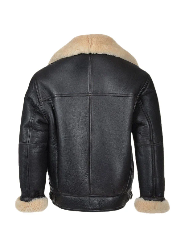 Studio back view of Mens Black Shearling B3 Asymmetric Leather Jacket