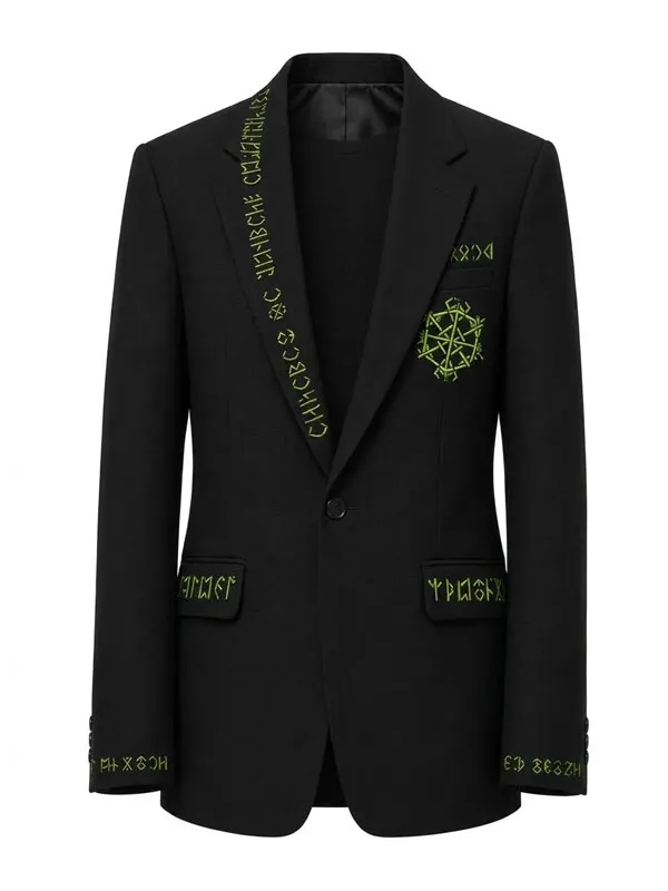 Front view of the Doctor Doom Avengers Doomsday black blazer featuring neon green runic embroidery