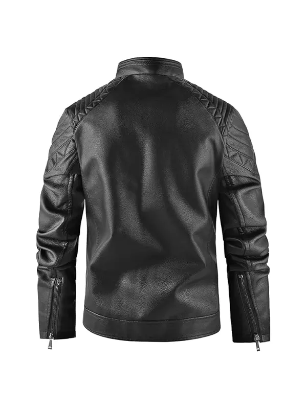 Back view of Men Black Quilted Shoulder Leather Jacket showing diamond quilted yoke and sleeve zips