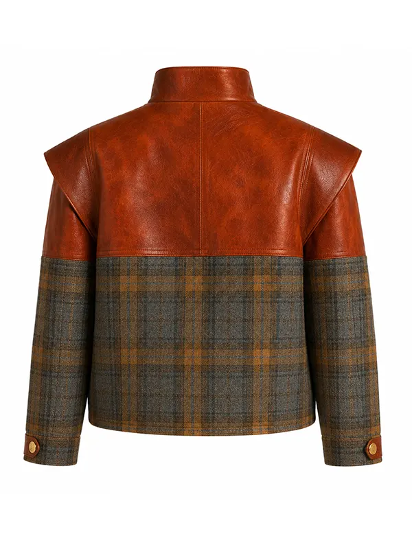 men's leather tweed jacket back view leather yoke