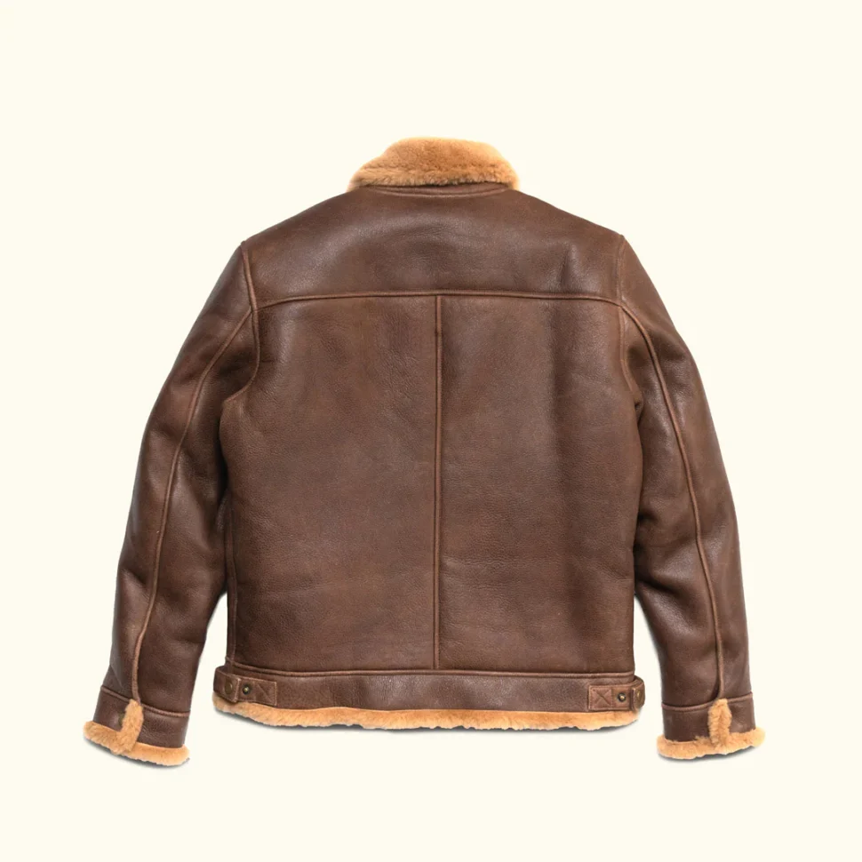 Studio cutout back view of Mens Brown Leather Ginger Shearling Aviator Jacket