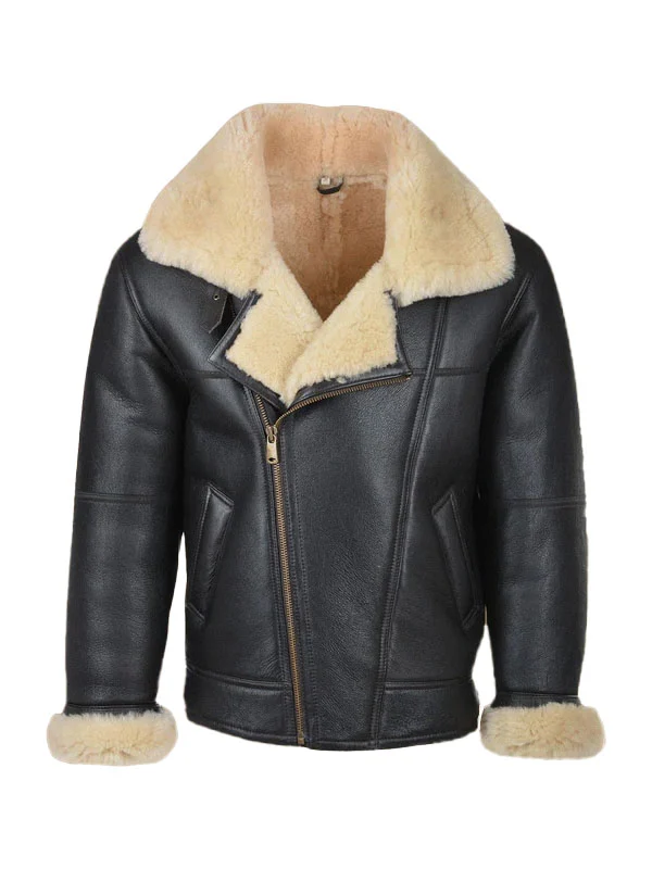 Studio front view of Mens Black Shearling B3 Asymmetric Leather Jacket