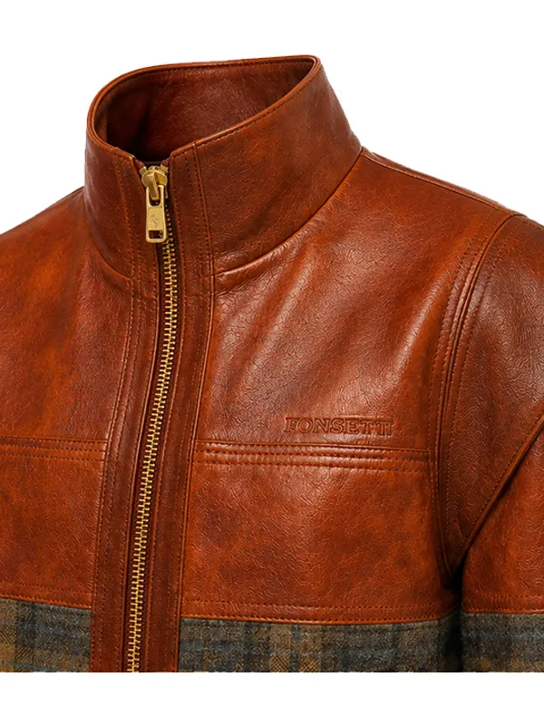 men's leather tweed jacket collar detail embossed logo