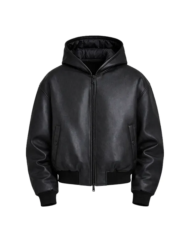 Studio front view of Men Black Hooded Leather Bomber Jacket with attached leather hood