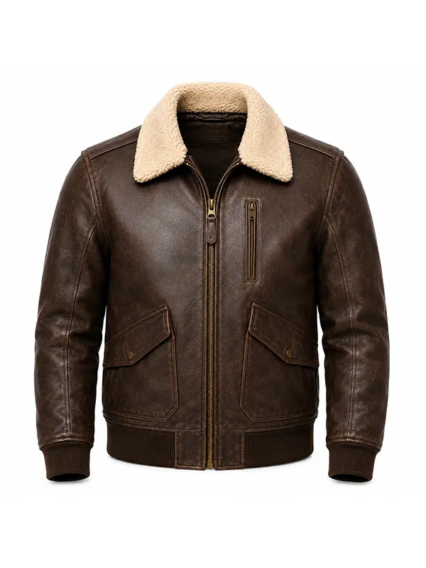 men's brown leather aviator jacket front view shearling collar