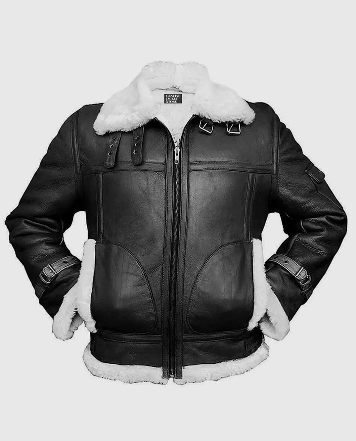 Studio front view of Mens Black Leather White Shearling B3 Flight Jacket