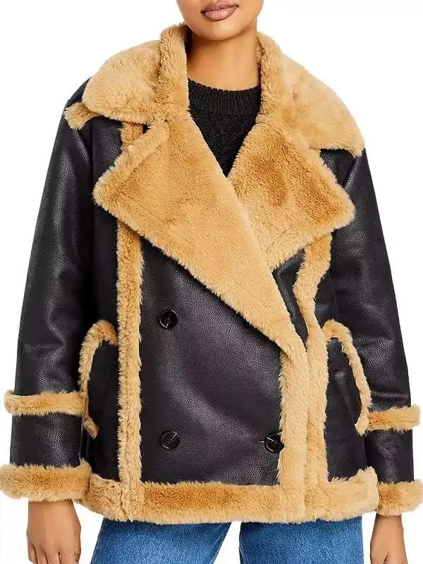 Model wearing Womens Black Leather Honey Ginger Shearling Double Breasted Pea Coat