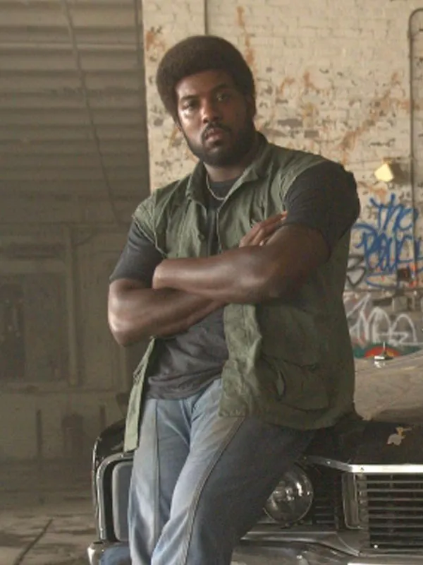 Lionel Boyce wearing Motor City Cotton Vest leaning on car.Motor City Movie Lionel Boyce Cotton Vest