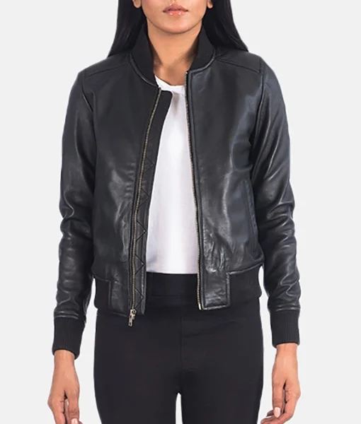 Women Black Leather Bomber Jacket front open view showing rib-knit collar and white shirt pairing