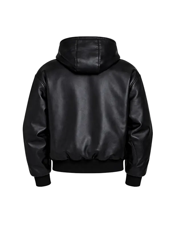 Back view of Men Black Hooded Leather Bomber Jacket displaying paneled leather hood