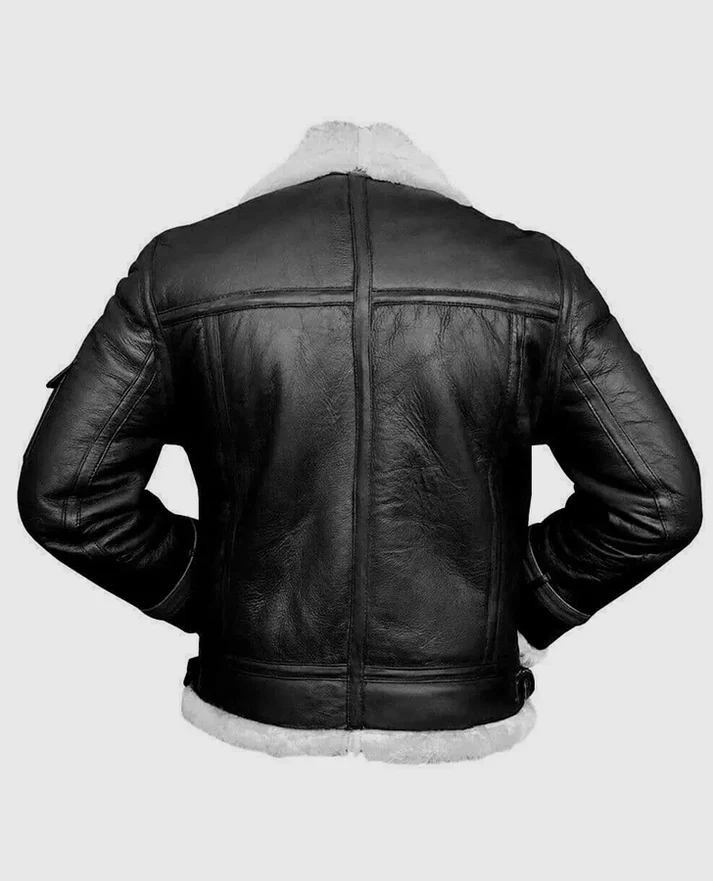 Studio back view of Mens Black Leather White Shearling B3 Flight Jacket