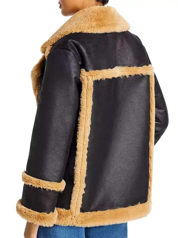 Model side and back view of Womens Black Leather Honey Ginger Shearling Double Breasted Pea Coat