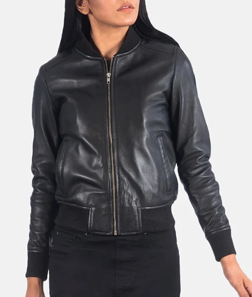 Women Black Leather Bomber Jacket zipped front view featuring side welt pockets