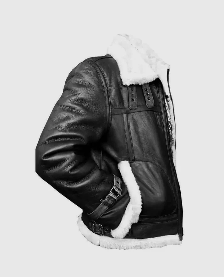 Studio side profile view of Mens Black Leather White Shearling B3 Flight Jacket