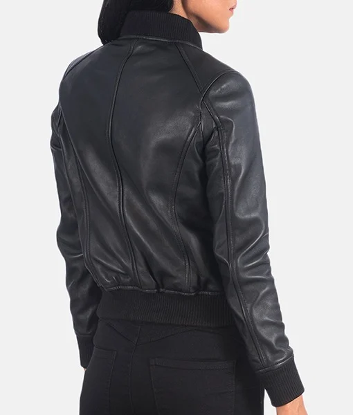 Women Black Leather Bomber Jacket back quarter view showing back panel seams and raglan shoulder cut