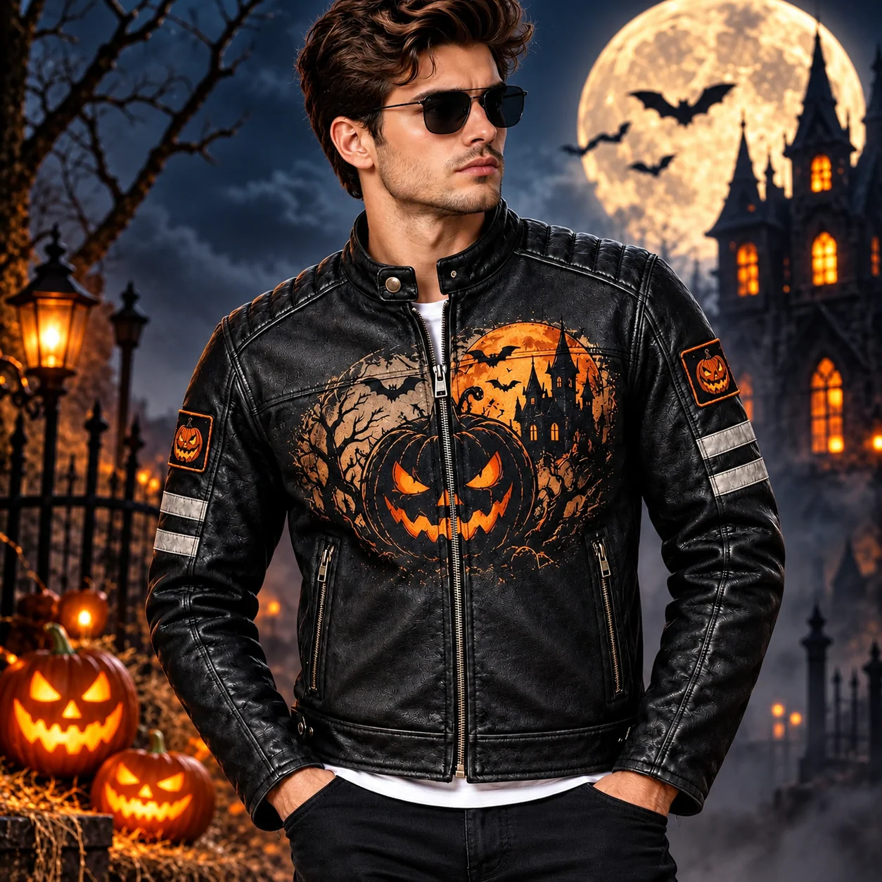 Front view of a man wearing the black Halloween leather biker jacket featuring a glowing orange Jack-o'-Lantern chest graphic, snap collar, and sleeve patches. Men’s Black Halloween Leather Biker Jacket