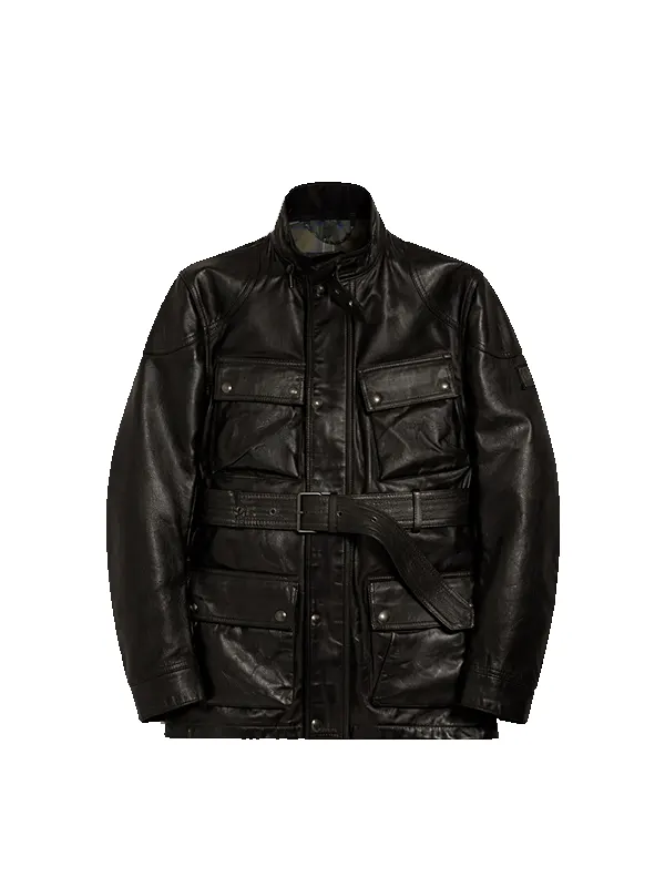 Studio front view of Men Belted Black Leather Field Jacket with four pockets and waist belt