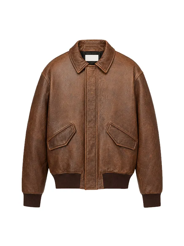 men's brown leather bomber jacket front view snap pockets