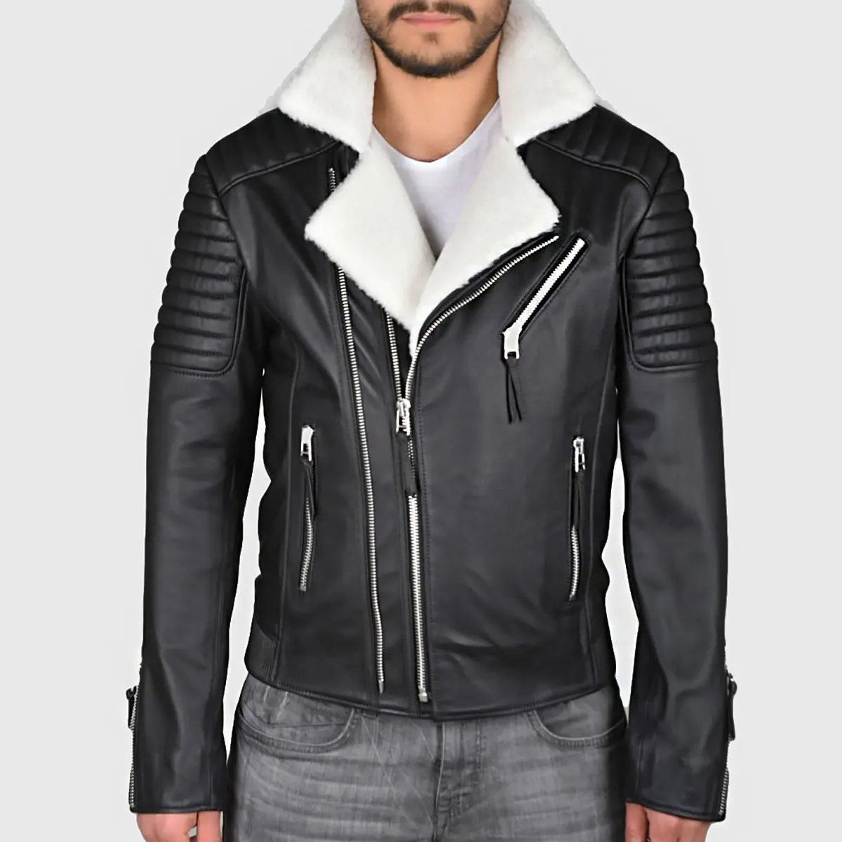 Model wearing Mens Black Leather White Shearling Padded Biker Jacket