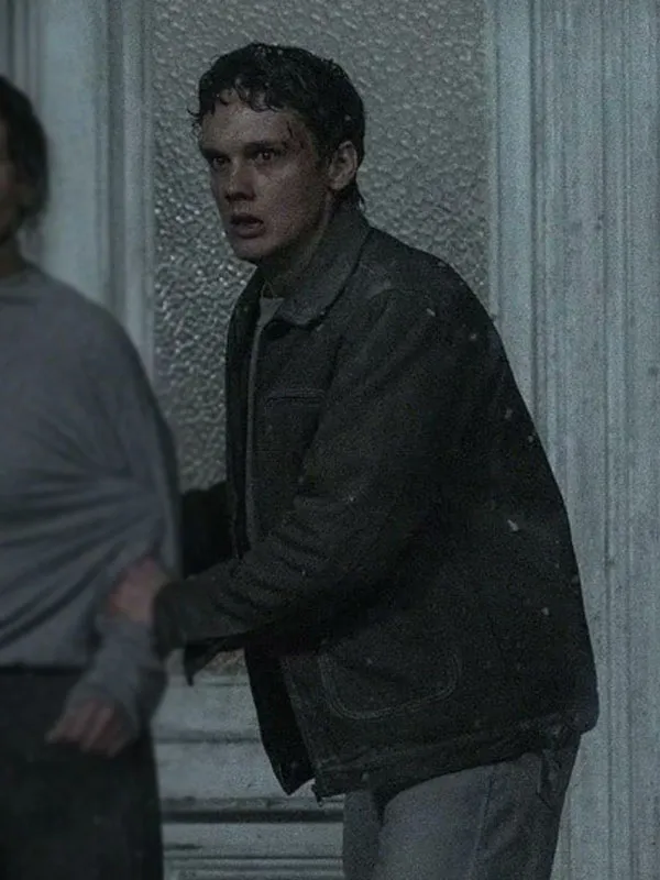 Hunter Doohan wearing Evil Dead Burn Suede Jacket looking sideways. Evil Dead Burn Movie Hunter Doohan Suede Jacket