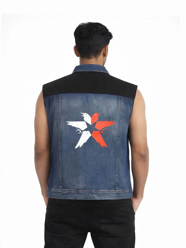 Men's Studded Blue Denim Graphic Star Vest - Image 2