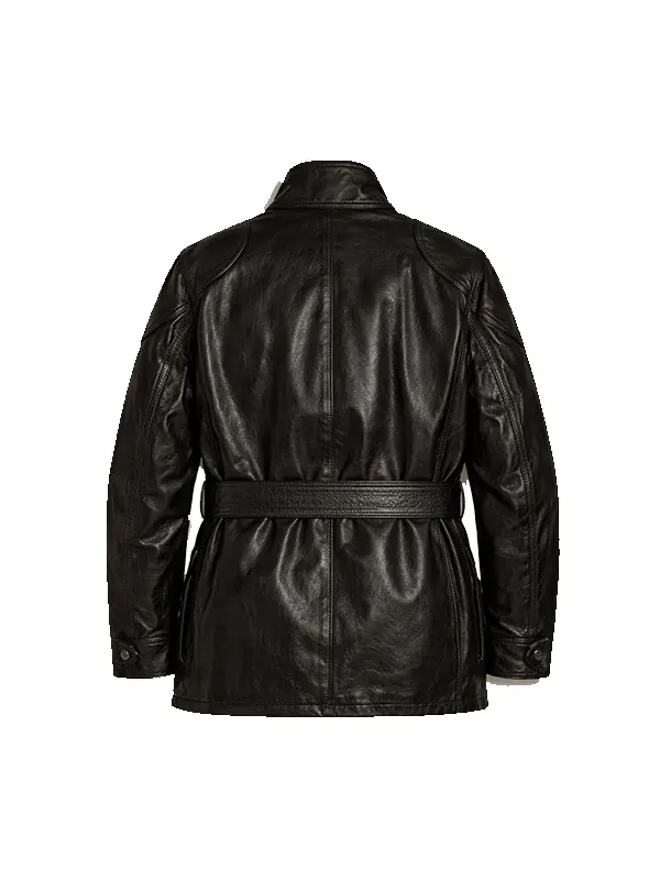 Back view of Men Belted Black Leather Field Jacket showing waist belt and back seams