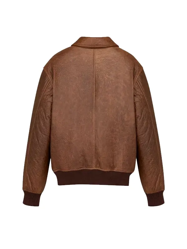 men's brown leather bomber jacket back view ribbed hem