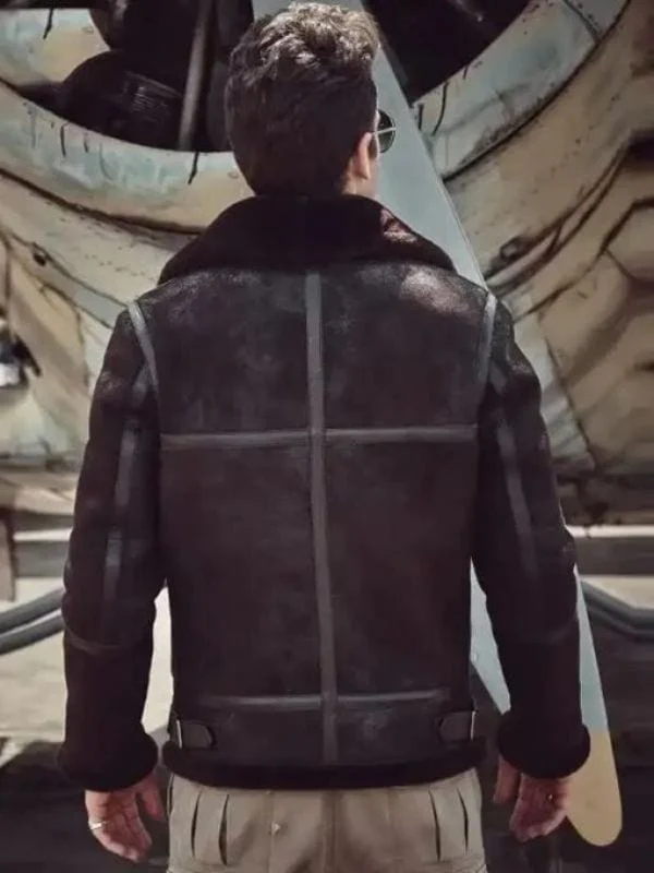Rear view of model wearing Mens Distressed Dark Brown B3 Shearling Leather Jacket