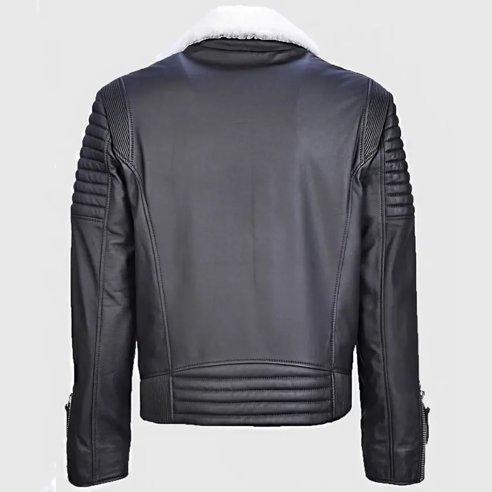 Back view of Mens Black Leather White Shearling Padded Biker Jacket