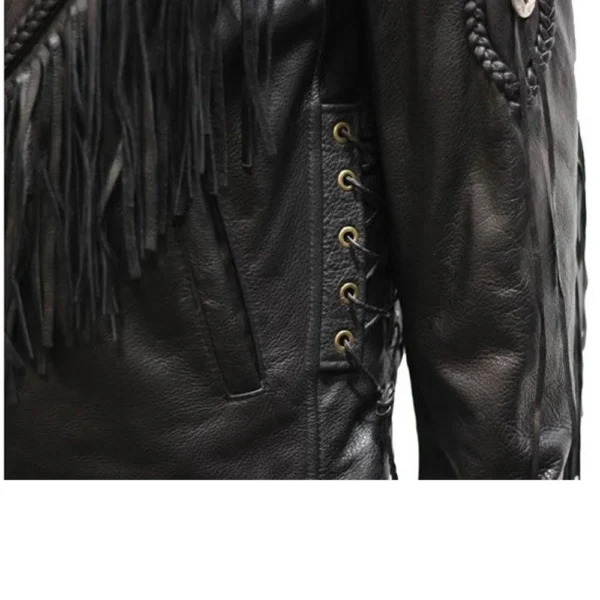 Close up detail of Women Black Fringe Western Leather Jacket side lace-up grommets and sleeve braid